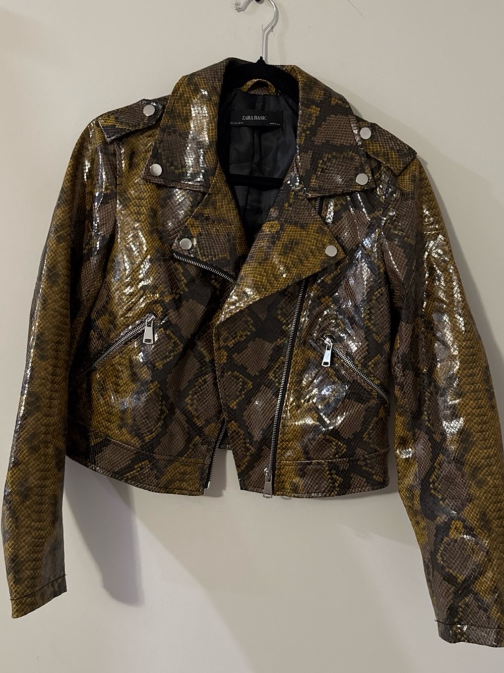 Zara Glossy Brown Snake-Print Moto Jacket